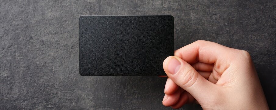 Hand Holding a Blank Black Business Card on a Dark Textured Background for Personalized Marketing and Branding Concepts in Professional Displays