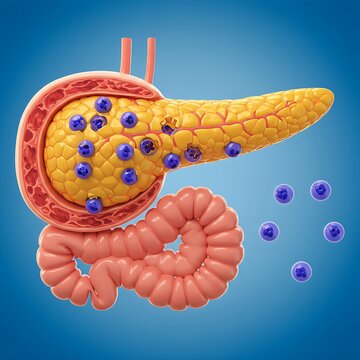  A human pancreas with destroyed insulin-producing cells, symbolizing type 1 diabetes.