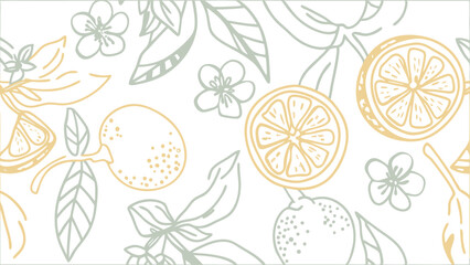 Hand drawn citrus fruit pattern with flowers and leaves in a soft pastel color palette design element
