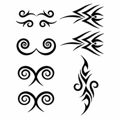Design a pack of tribal-inspired swirling shape icons, emphasizing dynamic movement and geometric patterns.  Include variations in color and style.