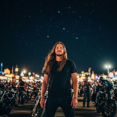 Male biker with a blank black t-shirt at a motorcycle rally with fictional unbranded motorcycles in the background, bike rally, fictional motorcycle, motorcycle gathering, black shirt, motorcycle cult