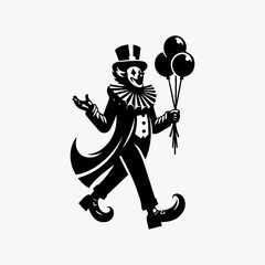 A stylized illustration of a clown walking with balloons, smiling.