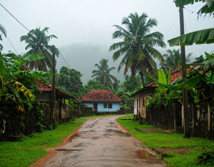Fototapeta premium Traditional Kerala village immersed in monsoon rains – lush green paddy fields, thatched-roof houses, and rain-soaked paths, capturing the essence of rural Kerala during the rain