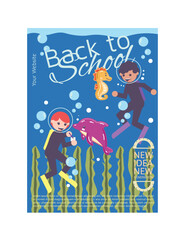 Flat Vector Illustration of an Underwater School with Kids Learning Among Sea Creatures