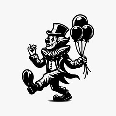 Fototapeta premium A clown in a top hat walks while holding balloons, depicted in a monochrome vector illustration.