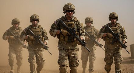 Military personnel marching in desert