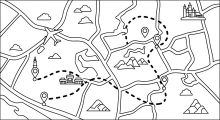 Fototapeta premium Travel map illustration for vacation planning and route tracing with landmark icons and airplane on transparent background