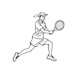 Tennis Ace: A dynamic line art illustration of a female tennis player in action, showcasing her athleticism and focused expression with a tennis racket.