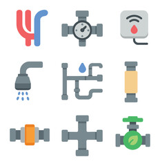 Sustainable Plumbing Icons. Flat icon set of sustainable plumbing solutions: PEX piping, water pressure