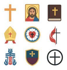 Christian Denomination Icons. Flat icon set of Christian denominations: Catholic cross, Orthodox icon,