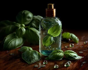 Glass bottle filled with water and basil leaves, surrounded by fresh basil on a wooden surface