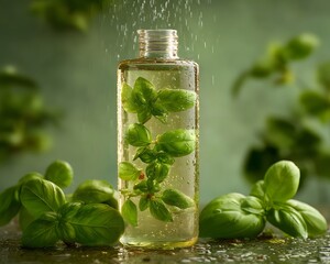 Fresh basil leaves submerged in a clear bottle of oil, with droplets falling in a serene green setting