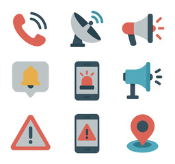 Emergency Communication Icons. Flat icon set of emergency communication systems: 911 call icon, satellite dish