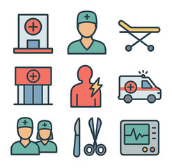 Emergency Icons Grid. Flat icon set of emergency healthcare services: emergency room icon, triage nurse,