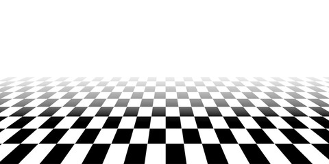 Naklejka premium Retro perspective background stage with a black and white checkered floor, featuring vintage chess board style. Fading away vanishing checkerboard texture. Abstract vector illustration pattern surface
