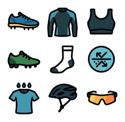 Obraz premium High-Performance Gear Icons. Flat icon set of high-performance gear: running spikes, compression gear, sports