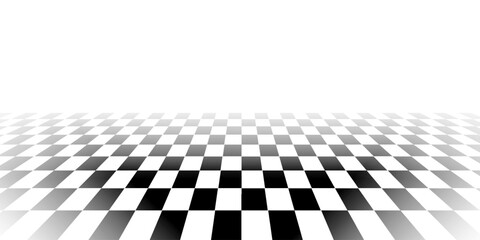 Naklejka premium Retro perspective background stage with a black and white checkered floor, featuring vintage chess board style. Fading away vanishing checkerboard texture. Abstract vector illustration pattern surface