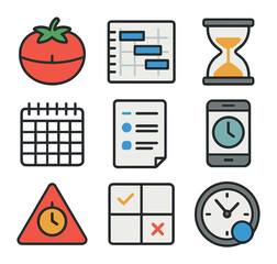 Time Management Icons. Flat icon set of time management methods: pomodoro timer, Gantt chart, hourglass,