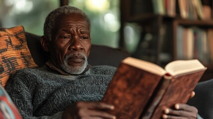 Leisurely Weekend: Senior African American Gentleman Enjoying a Book on His Cozy Couch at Home