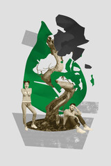 Exclusive vertical photo collage of unhappy shocked girl guy stand oil drop globe earth map...