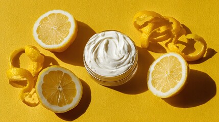 Creamy lemon-scented moisturizer surrounded by fresh lemon halves and peels on a vibrant yellow backdrop