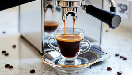 Espresso machine pouring coffee into a clear glass cup on a saucer with coffee beans scattered around