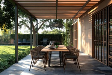 Fototapeta premium Stylish Outdoor Dining Area: Contemporary Furniture with Pergola and Grill for Al Fresco Experiences