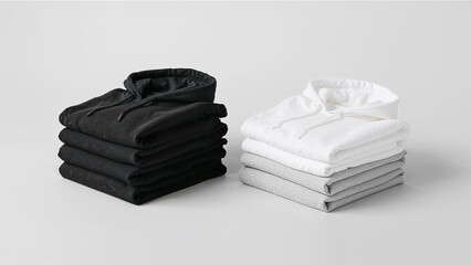 Stacked hoodies in black white and gray on a plain background