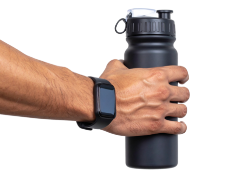 Hand Holding a Fitness Water Bottle with Wristband, active lifestyle concept, transparent background