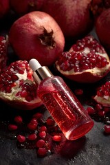 Close-up of a glass dropper bottle with pomegranate oil surrounded by fresh pomegranates and seeds