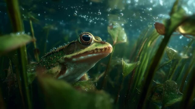 Detailed closeup portrait of a green frog submerged in water with aquatic plants