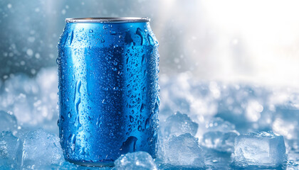 Blue beverage can surrounded by ice cubes and icy background