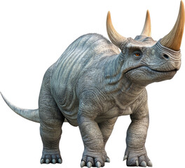 Obraz premium Gray prehistoric creature with horns, full body shot.