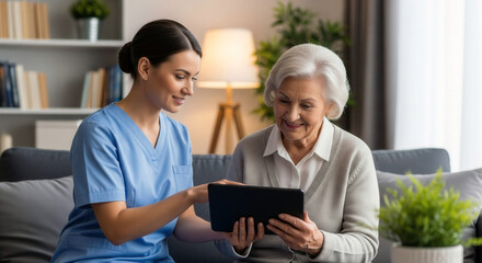 Smiling female nurse helps a senior woman use a digital tablet at home, promoting elderly care, technology learning, and companionship.