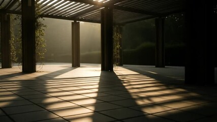 Sunlight casting dramatic shadows through a pergola onto a tiled patio with vines - Powered by Adobe