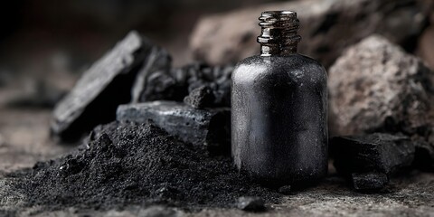 Close-up of a vintage black bottle surrounded by charcoal and rocks, evoking a rustic atmosphere