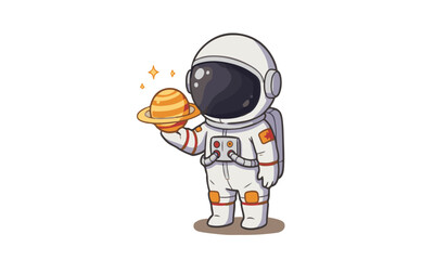 Curious Astronaut Examining a Ringed Planet illustration of a small astronaut in a white spacesuit holding a miniature ringed planet, observing it with curiosity against a soft beige background