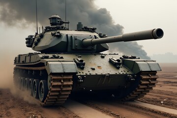 Armored tank advancing through desert