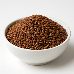 Flax Seeds in White Ceramic Bowl on White Background