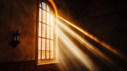 Beams of sunlight streaming through arched window into a dark room interior
