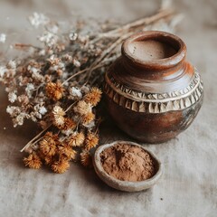Rustic clay pot with earthy powder beside dried flowers on textured fabric background