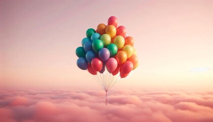 Fototapeta premium Bunch of floating helium balloons in rainbow colors against soft pink sky – minimalist aesthetic with clean background