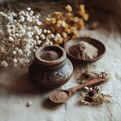 Rustic clay pot filled with brown powder beside a wooden spoon and dried flowers on a textured fabric