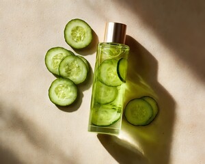 Refreshing cucumber-infused skincare product with sliced cucumbers on a soft surface, evoking tranquility