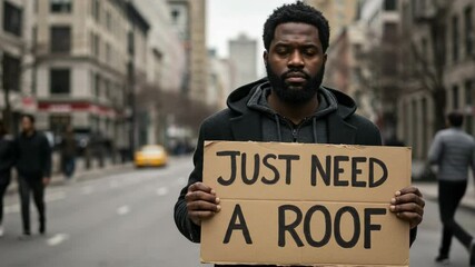 Urban Plea Homeless Man s Hopeful Sign in Cityscape Just Need A Roof Despair and Dreams in Street