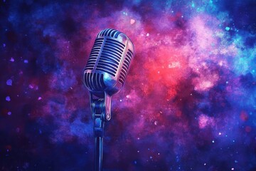 Vintage Microphone Artwork: Retro Stage Scene with Watercolor Aquarelle Background