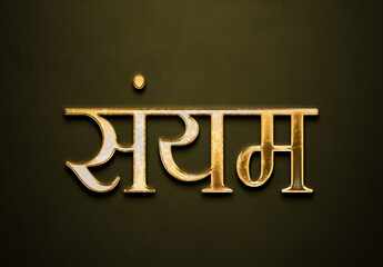 Old gold text effect of Hindi name Sanyam with 3D glossy style Mockup in Hindi.