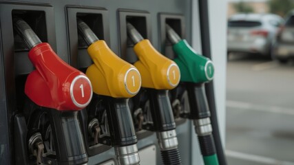 Fuel dispensers in various colors at a gas station, showcasing the different types of fuel available for vehicles.