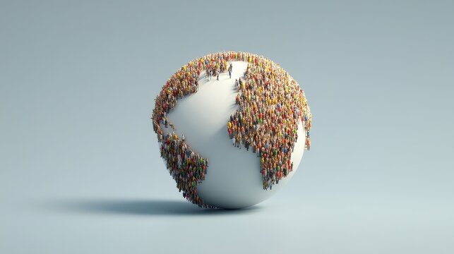 A 3D globe covered by numerous diverse people forming the continents, symbolizing global population and unity.