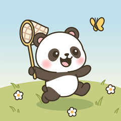 Flat vector Cartoon Happy panda chasing butterfly with net on grassy flower field. Cute panda cartoon flat vector illustration
